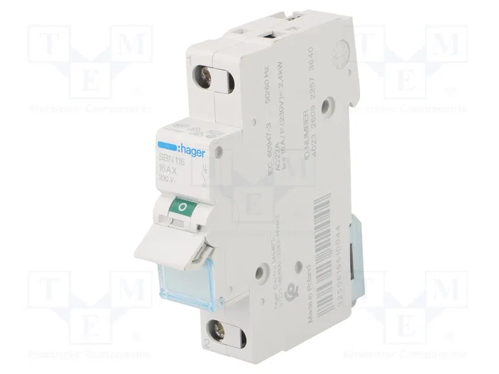 Hager SBN116 Interruptor Automático 16A 1 Polo 230VAC Hager SBN116 Interruptor Automático 16A 1 Polo 230VAC