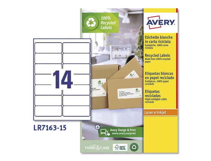 Avery Etiqueta Adhesiva Blanca Permanente Reciclada 100% Láser 99,1x38,1 mm Caja 210 Unidades
