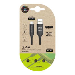 Tech One Tech Cable Nylon USB-A a Micro USB 1m Negro Carga Rápida