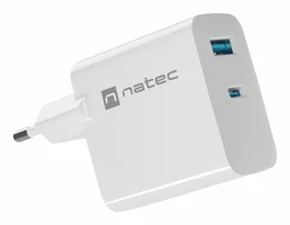Natec Cargador NUC-2144 GaN 65W USB-C PD 3.0 y USB-A QC 3.0 - 2 Puertos, Carga Rápida Universal, Blanco