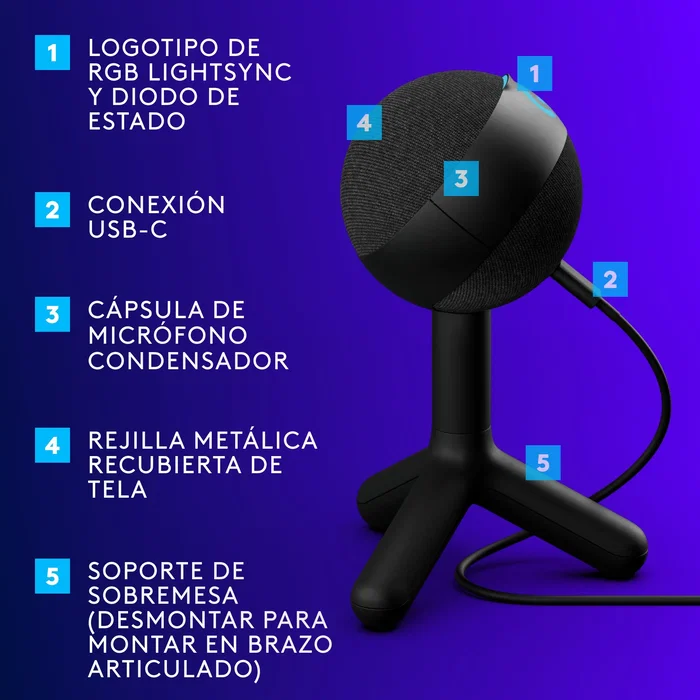 Logitech G YETI ORB 988-000551 Micrófono USB-C de Sobremesa para Gaming y Streaming RGB LIGHTSYNC, con Blue VO!CE, Patrón Cardioide, Negro Logitech G YETI ORB 988-000551 Micrófono USB-C de Sobremesa para Gaming y Streaming RGB LIGHTSYNC, con Blue VO!CE, Patrón Cardioide, Negro