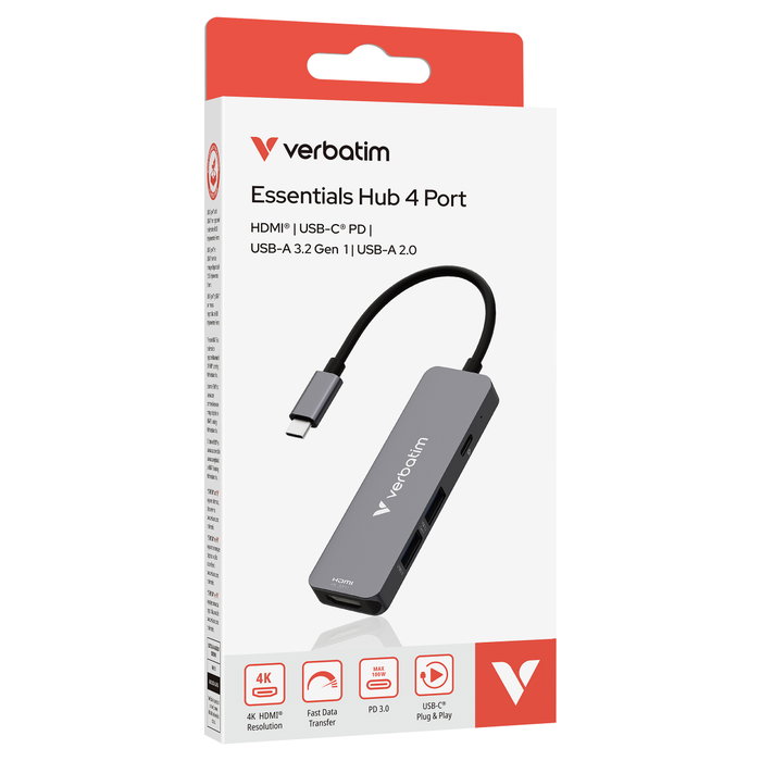Verbatim Hub 32155 USB-C con HDMI 4K 60Hz, USB 3.1 y PD 100W, Gris Verbatim Hub 32155 USB-C con HDMI 4K 60Hz, USB 3.1 y PD 100W, Gris