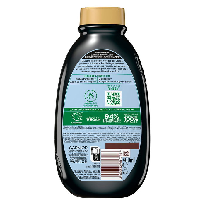 Garnier Original Remedies Champú Carbón Magnético - Elimina Exceso de Grasa e Hidrata Puntas - 400 ml