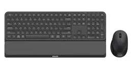 Philips SPT6607B/16 Teclado y Ratón Inalámbrico 2.4GHz + Bluetooth 5.0 para 3 Dispositivos - Negro - Teclado Completo con Reposamuñecas y Ratón 3200 DPI