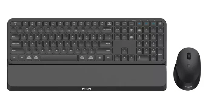 Philips SPT6607B/16 Teclado y Ratón Inalámbricos 2.4G + Bluetooth Negro, Kit 2 en 1 con Reposamuñecas, 110 Teclas, Mouse 3200 DPI, Multi-Device para Windows/macOS/iOS/Android