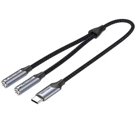 Vention - Cable Adaptador USB-C (macho) a 2x Jack 3.5mm (hembra) con Chip VT0200 para Karaoke, Audio y Micrófono - 30 cm, Gris, Referencia Bgnhy