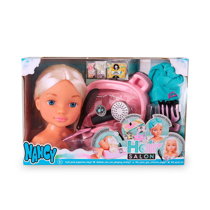 Famosa Nancy NACB3000 Busto Peluquería Rubia, Lava y Peina su Cabello con Accesorios, Muñeca para Niñas +3 Años