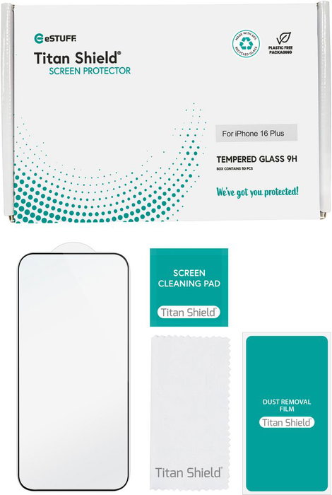 eSTUFF Titan Shield® INFINITE Protector de Pantalla de Vidrio Full Cover 9H Compatible con Fundas para iPhone 16 Plus/15 Plus Pack Bulk de 50 Unidades