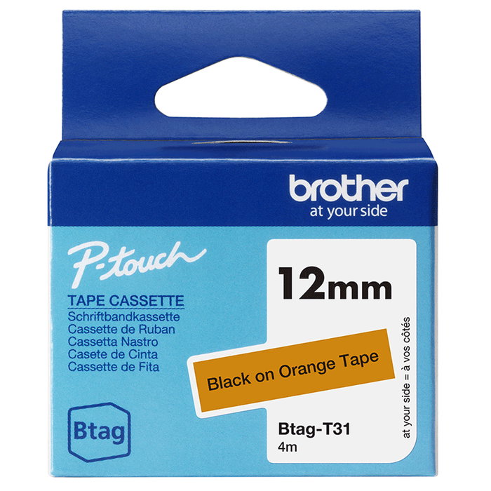 Brother Btag T31 Cinta de 12 mm x 4 m Negro sobre naranja