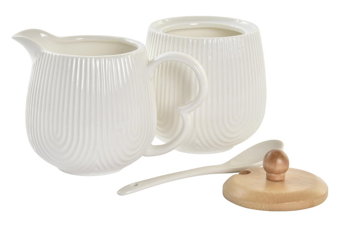 DKD Home Decor Set de 3 Azucareros de Porcelana y Bambú Blanco y Natural DKD Home Decor Set de 3 Azucareros de Porcelana y Bambú Blanco y Natural