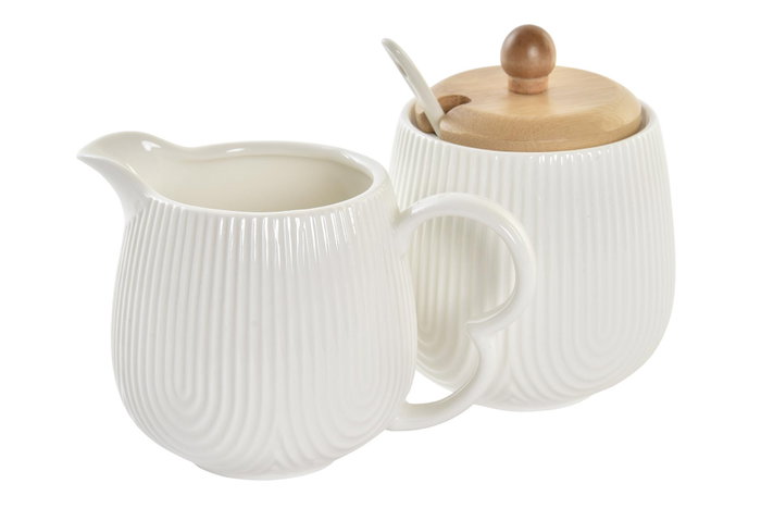DKD Home Decor Set de 3 Azucareros de Porcelana y Bambú Blanco y Natural DKD Home Decor Set de 3 Azucareros de Porcelana y Bambú Blanco y Natural