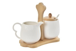 DKD Home Decor Set de 3 Azucareros de Porcelana y Bambú Blanco y Natural