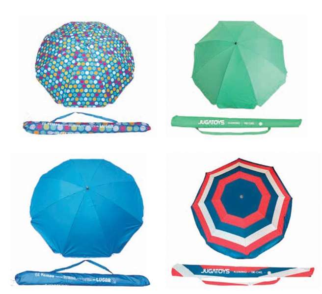 Sombrilla aluminio 180cm, 8 varillas fibra, tubo 28/32mm, punta de plástico con clavado fácil, 300d tela oxford, interior uv 50+, con ventana y pincho - modelos surtidos