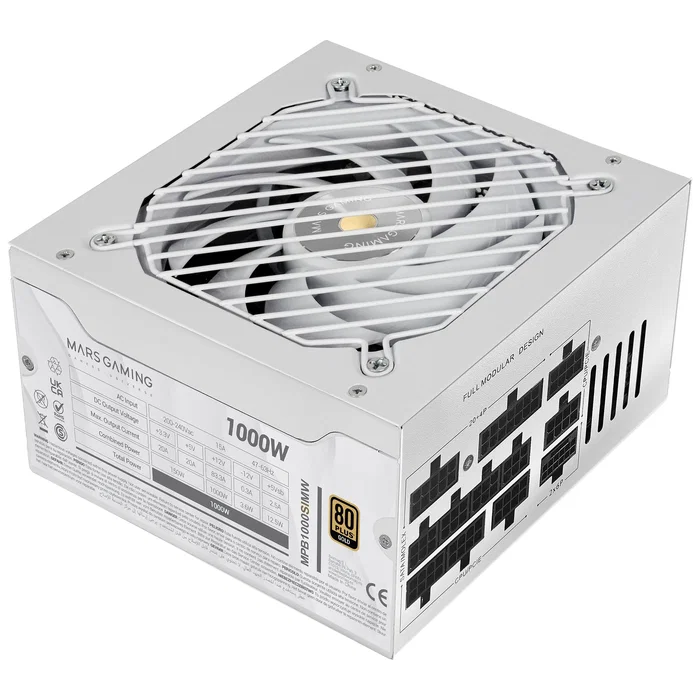 Mars Gaming MPB1000SIM Fuente de Alimentación 1000W 80 Plus Gold ATX 3.1 PCIe 5.1 Modular Blanca Ventilador 140mm