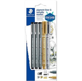 Staedtler Set Creativo Rotuladores Pigment Liner & Marcador Metalizado Colores Surtidos, Oro y Plata, Blister 5 Unidades