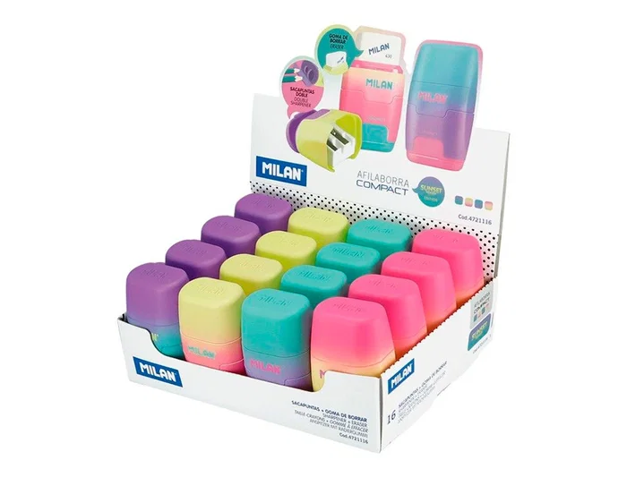 Milan Sacapuntas Compact Sunset Plástico 2 Usos con Goma de Borrar y Depósito Colores Surtidos