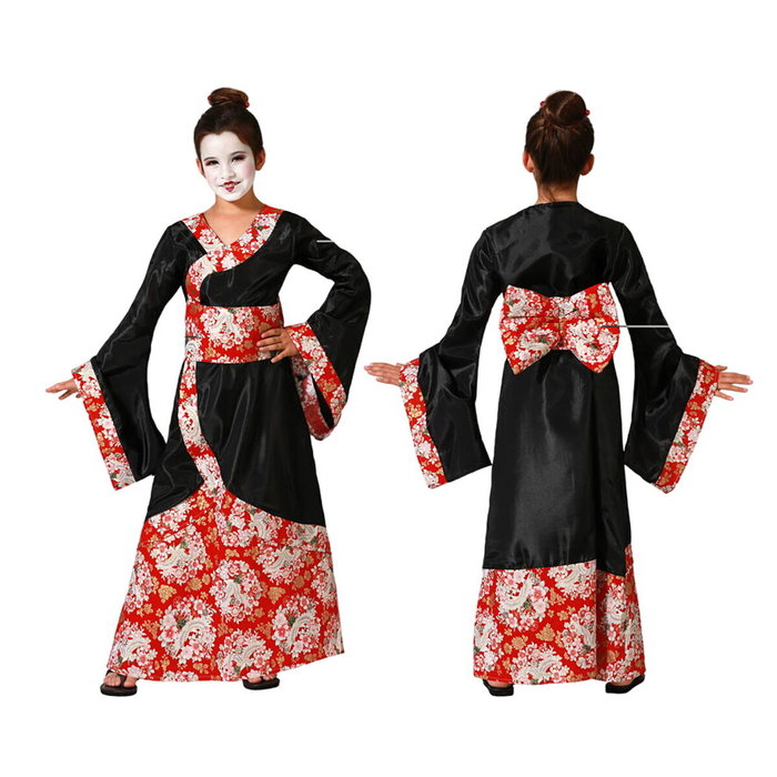 Disfraz Geisha Kimono Rojo Largo con Faja y Lazo para Niña Talla 10-12 Años