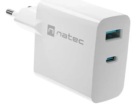 Natec Cargador 65W GaN NUC-2142 con Power Delivery 3.0 y Quick Charge 3.0, 1 Puerto USB-C + 1 Puerto USB-A, Color Blanco, 100-240V
