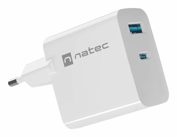 Natec Cargador 65W GaN NUC-2142 con Power Delivery 3.0 y Quick Charge 3.0, 1 Puerto USB-C + 1 Puerto USB-A, Color Blanco, 100-240V
