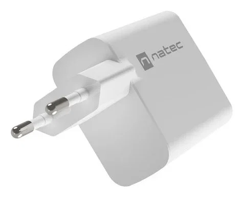 Natec Cargador 65W GaN NUC-2142 con Power Delivery 3.0 y Quick Charge 3.0, 1 Puerto USB-C + 1 Puerto USB-A, Color Blanco, 100-240V