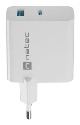 Natec Cargador 65W GaN NUC-2142 con Power Delivery 3.0 y Quick Charge 3.0, 1 Puerto USB-C + 1 Puerto USB-A, Color Blanco, 100-240V