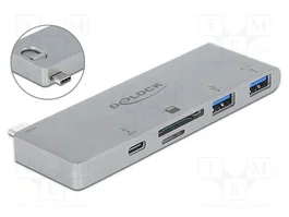 DeLOCK 64078 Hub USB con 3 Puertos y Lector de Tarjetas, PD 3.0, Gris