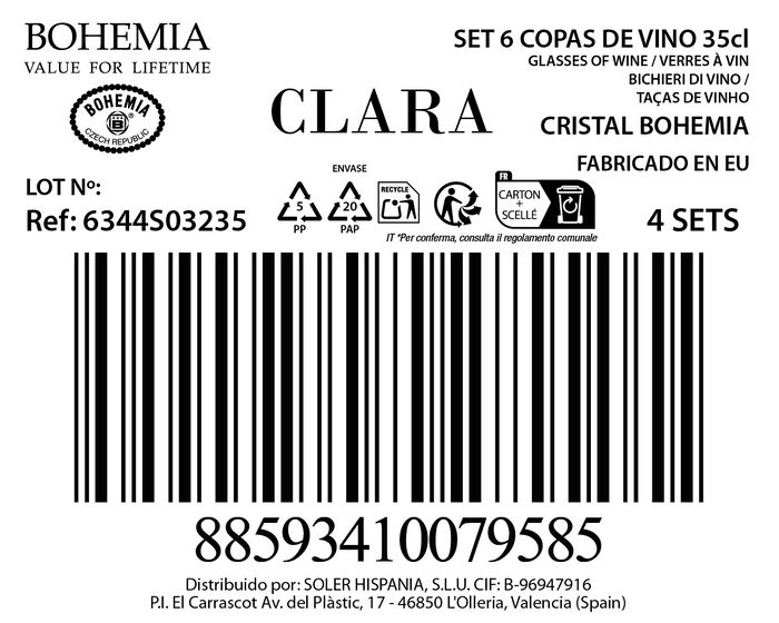 Bohemia Set de 6 Copas de Vino Blanco "Clara", 350 cc, Cristalería de Alta Calidad (4 Cajas)