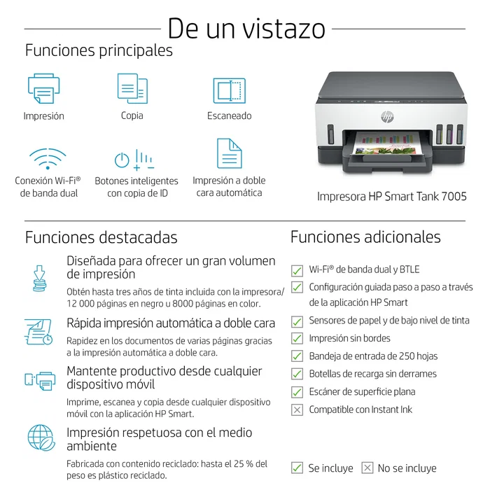 HP Impresora Multifunción Smart Tank 7005 A4 Tinta Inyección Térmica 4800x1200DPI 15ppm Wi-Fi All-in-One Copiadora Escáner Color 28B54A Light Basalt