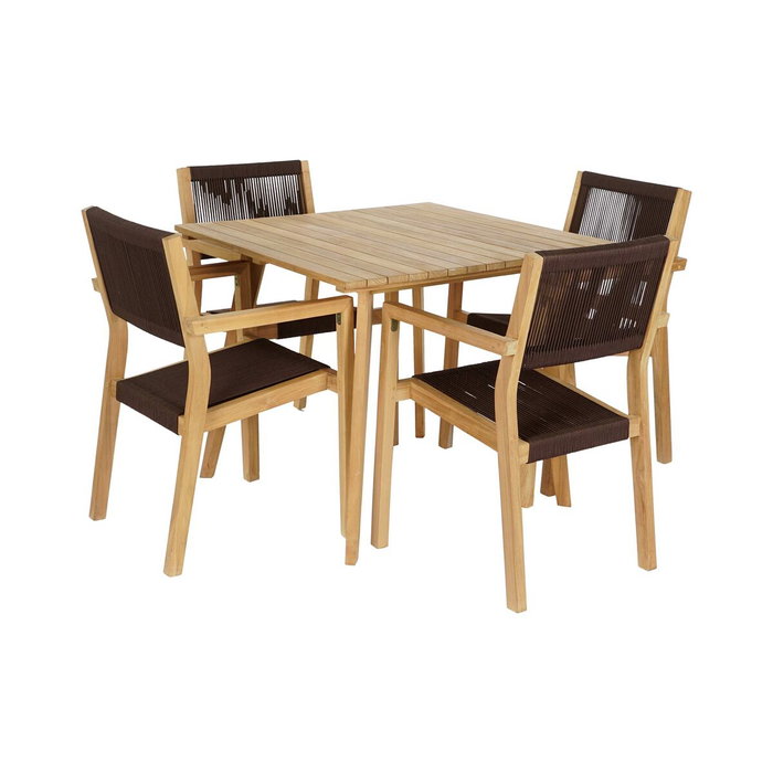 DKD Home Decor Mesa y Set de 5 Piezas en Teca y Cuerda Marrón 90x90x75 cm