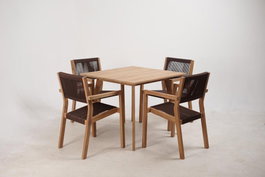 DKD Home Decor Mesa y Set de 5 Piezas en Teca y Cuerda Marrón 90x90x75 cm