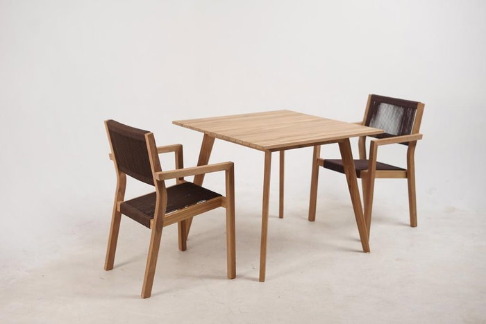 DKD Home Decor Mesa y Set de 5 Piezas en Teca y Cuerda Marrón 90x90x75 cm
