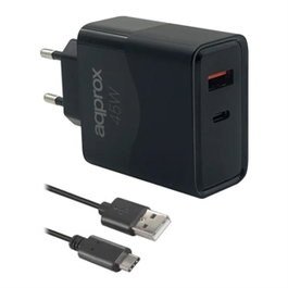 Approx Cargador de Pared 45W con 1xUSB-C y 1xUSB-A, Negro