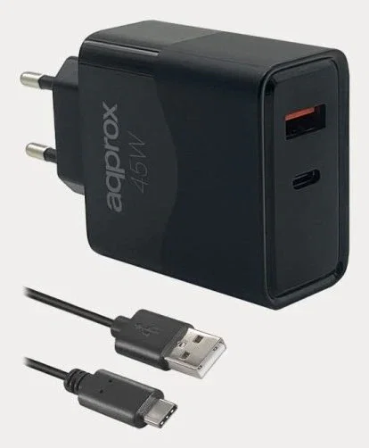 Approx APPUSBWALL45W Cargador de Pared 45W Dual USB-C PD (45W) & USB-A (20W) con Carga Rápida, Incluye Cable USB-A a USB-C