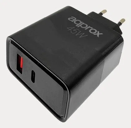 Approx APPUSBWALL45W Cargador de Pared 45W Dual USB-C PD (45W) & USB-A (20W) con Carga Rápida, Incluye Cable USB-A a USB-C