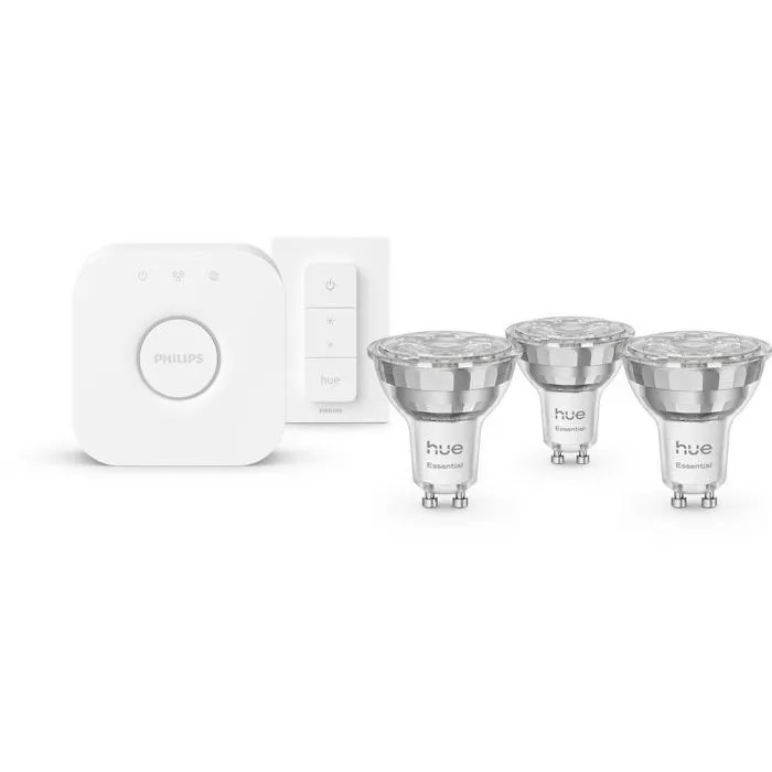 Philips Hue AABTN40918 Kit de Inicio - Puente, 3 Focos LED GU10 Blanco y Color, Regulador de Intensidad para Iluminación Ambiental Philips Hue AABTN40918 Kit de Inicio - Puente, 3 Focos LED GU10 Blanco y Color, Regulador de Intensidad para Iluminación Ambiental