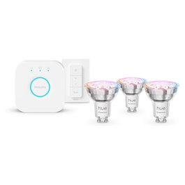 Philips Hue Starter Kit Essential White and Color Ambiance con 3 bombillas GU10, Puente y Regulador