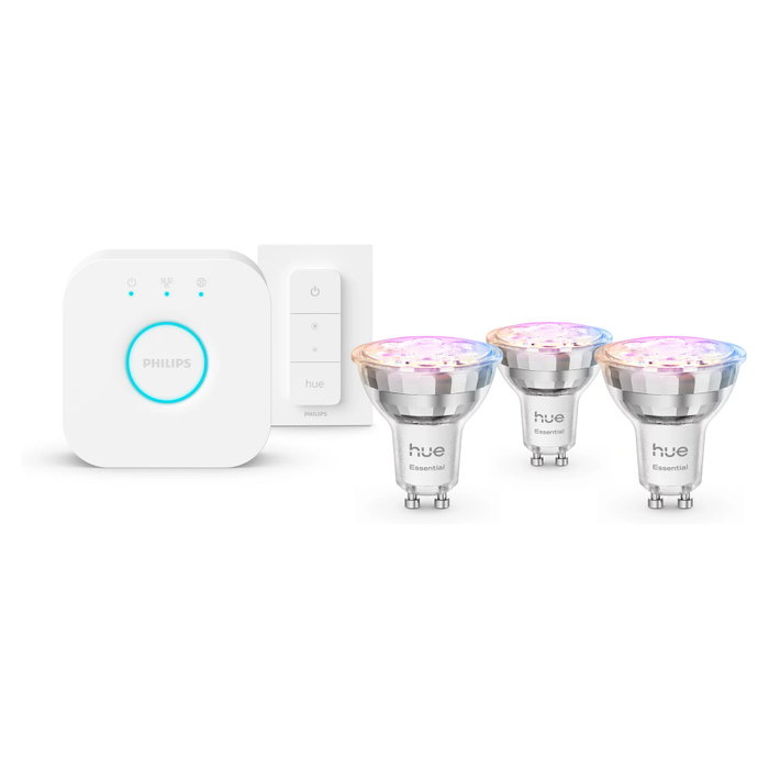 Philips Hue Starter Kit Essential White and Color Ambiance con 3 bombillas GU10, Puente y Regulador