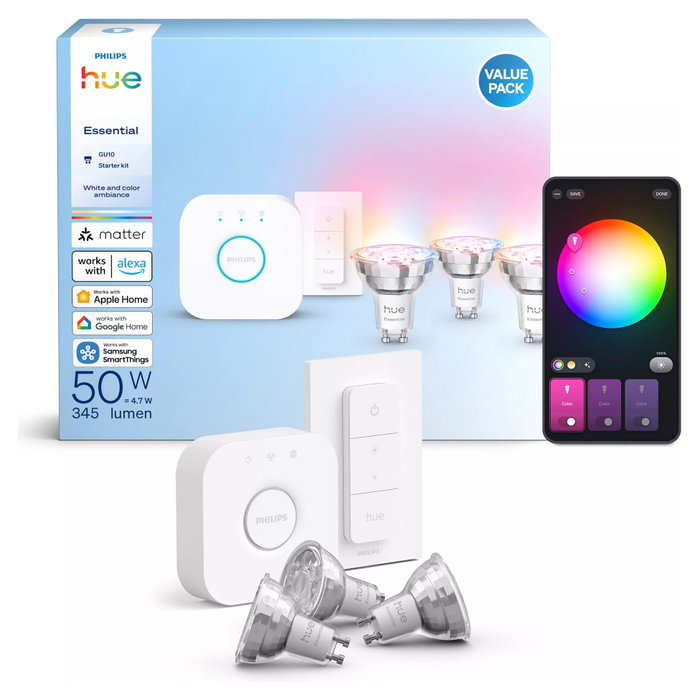 Philips Hue Starter Kit Essential White and Color Ambiance con 3 bombillas GU10, Puente y Regulador
