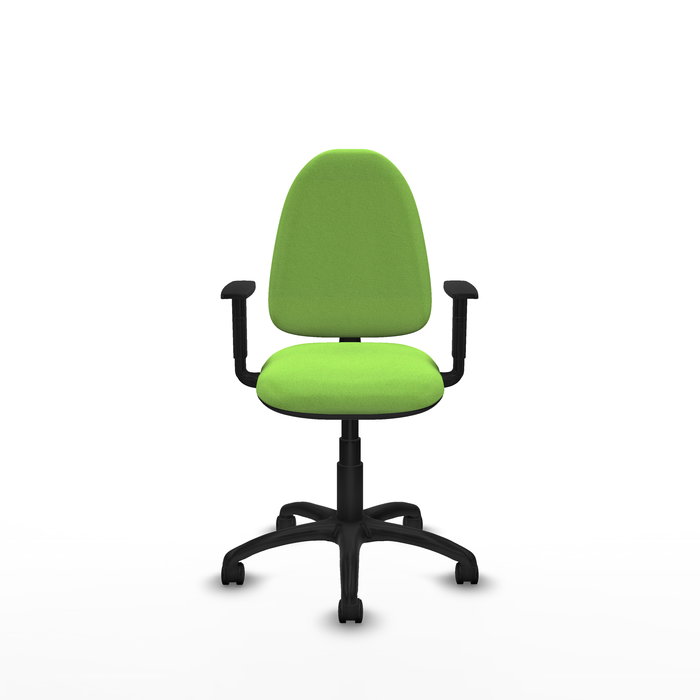 Silla de oficina Aýna con mecanismo Contacto permanente básico tapizada con Tela color Pistacho. Equipada con Base poliamida negra, Brazos 1D y Ruedas de nailon 50 mm