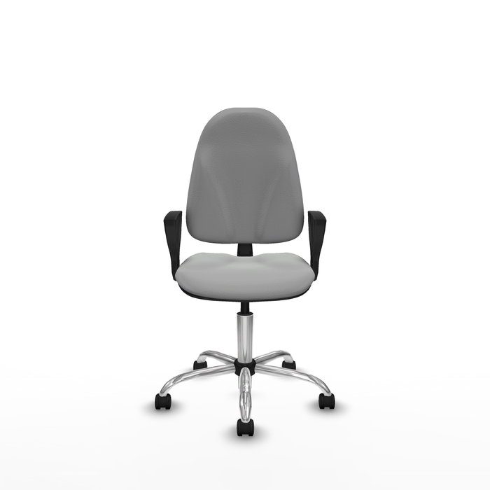 Silla de oficina Algarra con mecanismo Contacto permanente básico tapizada con Similpiel color Gris claro. Equipada con Base cromada, Brazos fijos y Ruedas de nailon 50 mm
