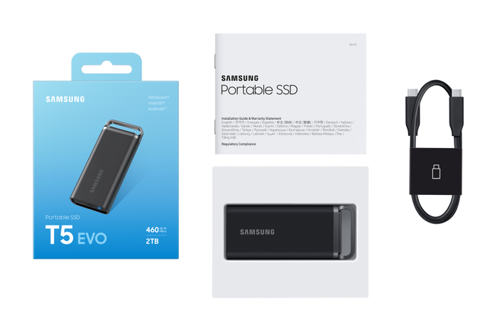 Samsung SSD Portátil T5 EVO 2 TB USB 3.2 Gen 1 Externa, Negro, Hasta 460 MB/s, Resistente a Caídas, 256-bit AES, Compatible PC/Mac/Android/Consolas, Incluye Software Magician