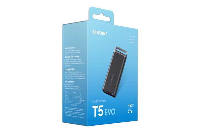 Samsung SSD Portátil T5 EVO 2 TB USB 3.2 Gen 1 Externa, Negro, Hasta 460 MB/s, Resistente a Caídas, 256-bit AES, Compatible PC/Mac/Android/Consolas, Incluye Software Magician