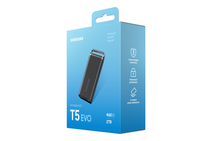 Samsung SSD Portátil T5 EVO 2 TB USB 3.2 Gen 1 Externa, Negro, Hasta 460 MB/s, Resistente a Caídas, 256-bit AES, Compatible PC/Mac/Android/Consolas, Incluye Software Magician