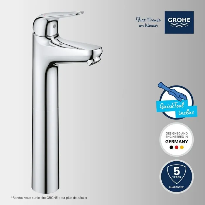 Grohe 24331001 Mezclador Monomando de Lavabo Cromo Alto Tamaño XL Ahorro Agua Desagüe Click-Clack