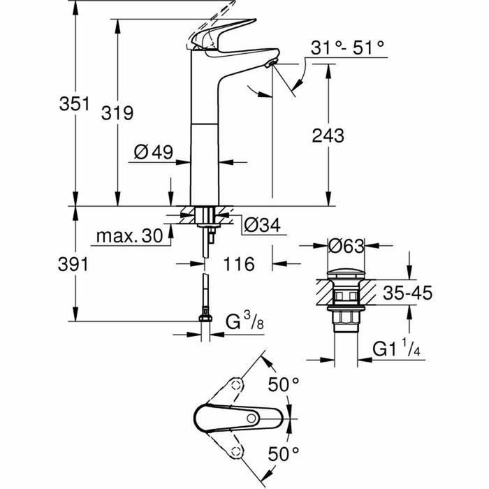 Grohe Mezclador monomando de lavabo GROHE Swift Cromo XL con desagüe click-clack Grohe Mezclador monomando de lavabo GROHE Swift Cromo XL con desagüe click-clack