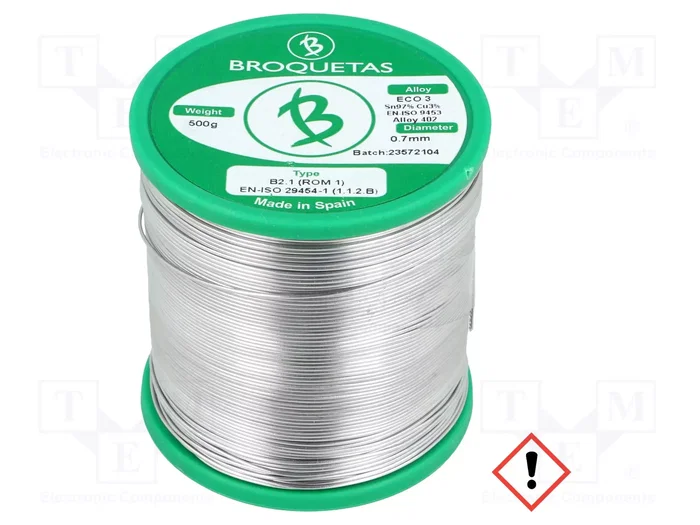 BROQUETAS Estaño Sn97Cu3 libre de plomo 0,7 mm 500 g BROQUETAS Estaño Sn97Cu3 libre de plomo 0,7 mm 500 g
