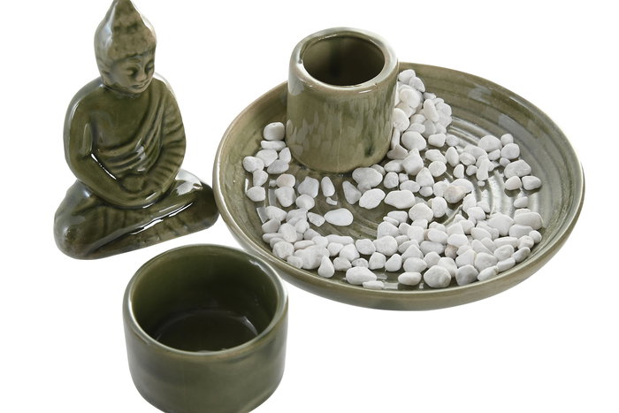 DKD Home Decor Soporte Incienso Oriental Buda Cerámica Piedras Mostaza Gris 13 x 13 x 10 cm (8 Unidades)