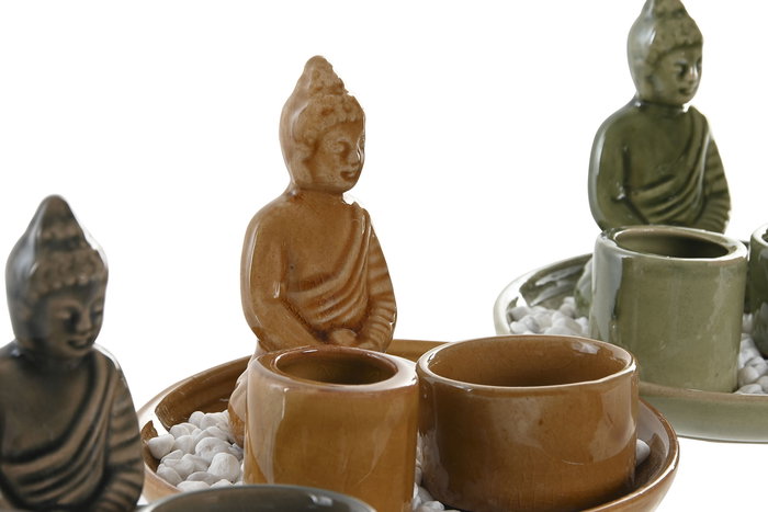 DKD Home Decor Soporte Incienso Oriental Buda Cerámica Piedras Mostaza Gris 13 x 13 x 10 cm (8 Unidades)