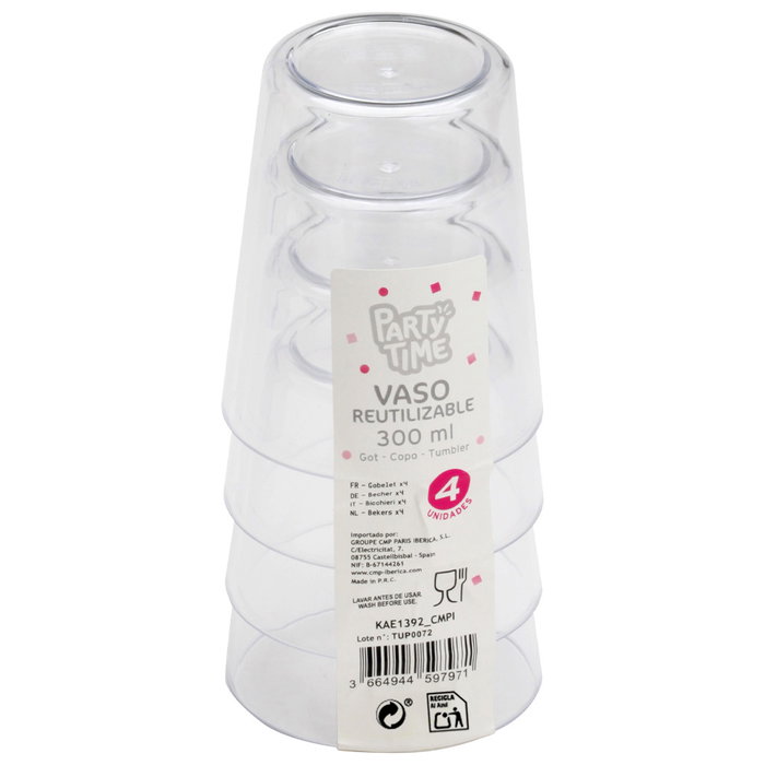 Party Time Juego De 4 Vasos 300 Ml Reutilizable Fiesta