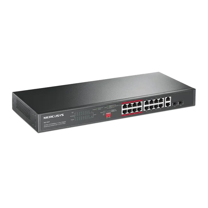 Mercusys MS118CP Switch No Gestionable/Rackable de 18 Puertos (16x Fast Ethernet 100Mbps PoE+ + 2x Gigabit + 2x SFP) para Montaje en Rack